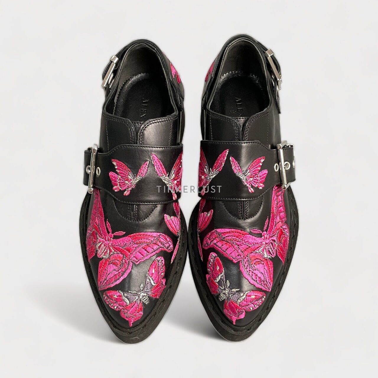 Alexander McQueen Black Butterfly Embroidered Leather Monk Strap Platform Loafers
