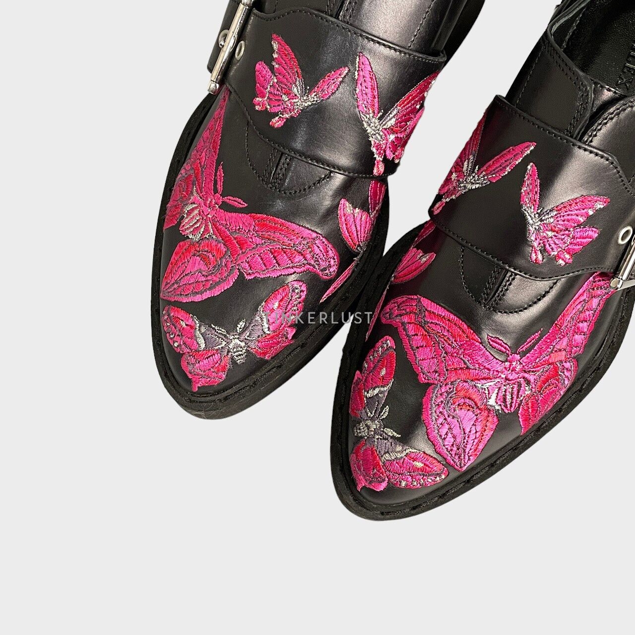 Alexander McQueen Black Butterfly Embroidered Leather Monk Strap Platform Loafers