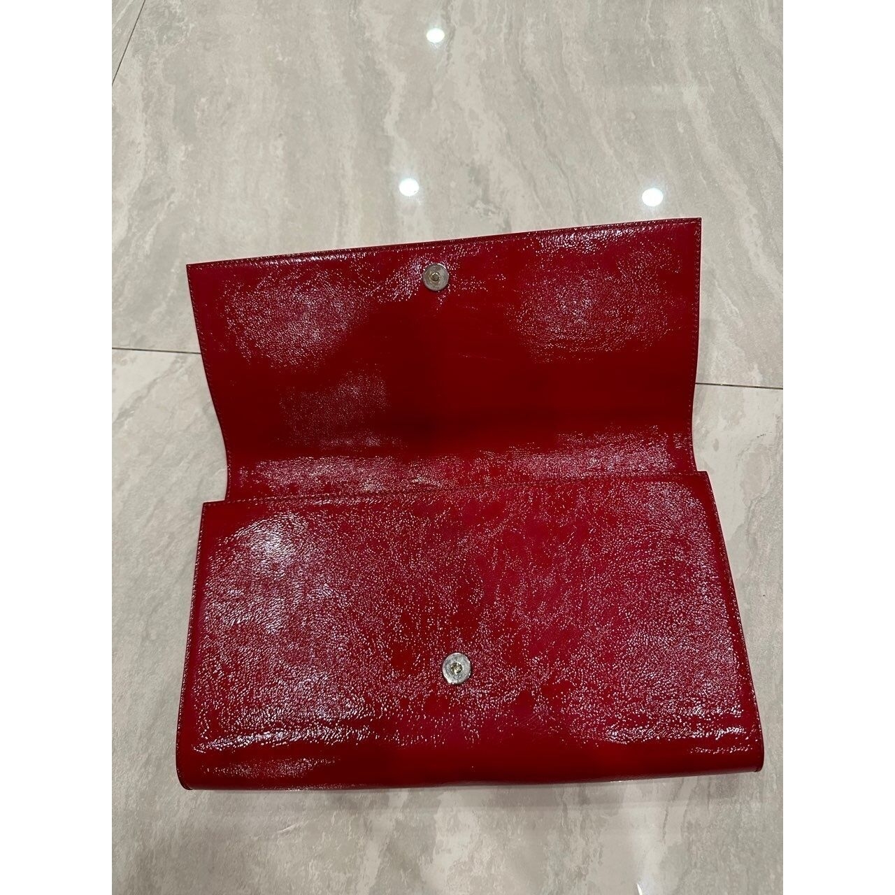 Yves Saint Laurent Monogram Belle De Jour Large Red Textured Patent Leather Clutch