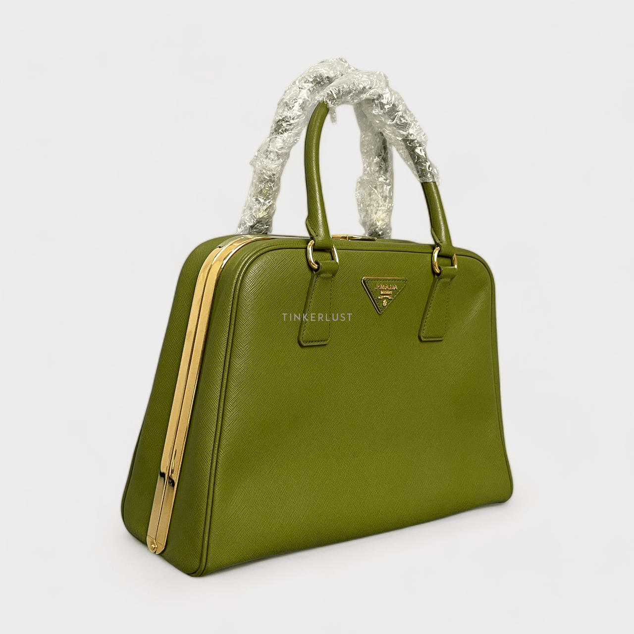 Prada Saffiano Lux Leather Frame Top Handle Edera Handbag