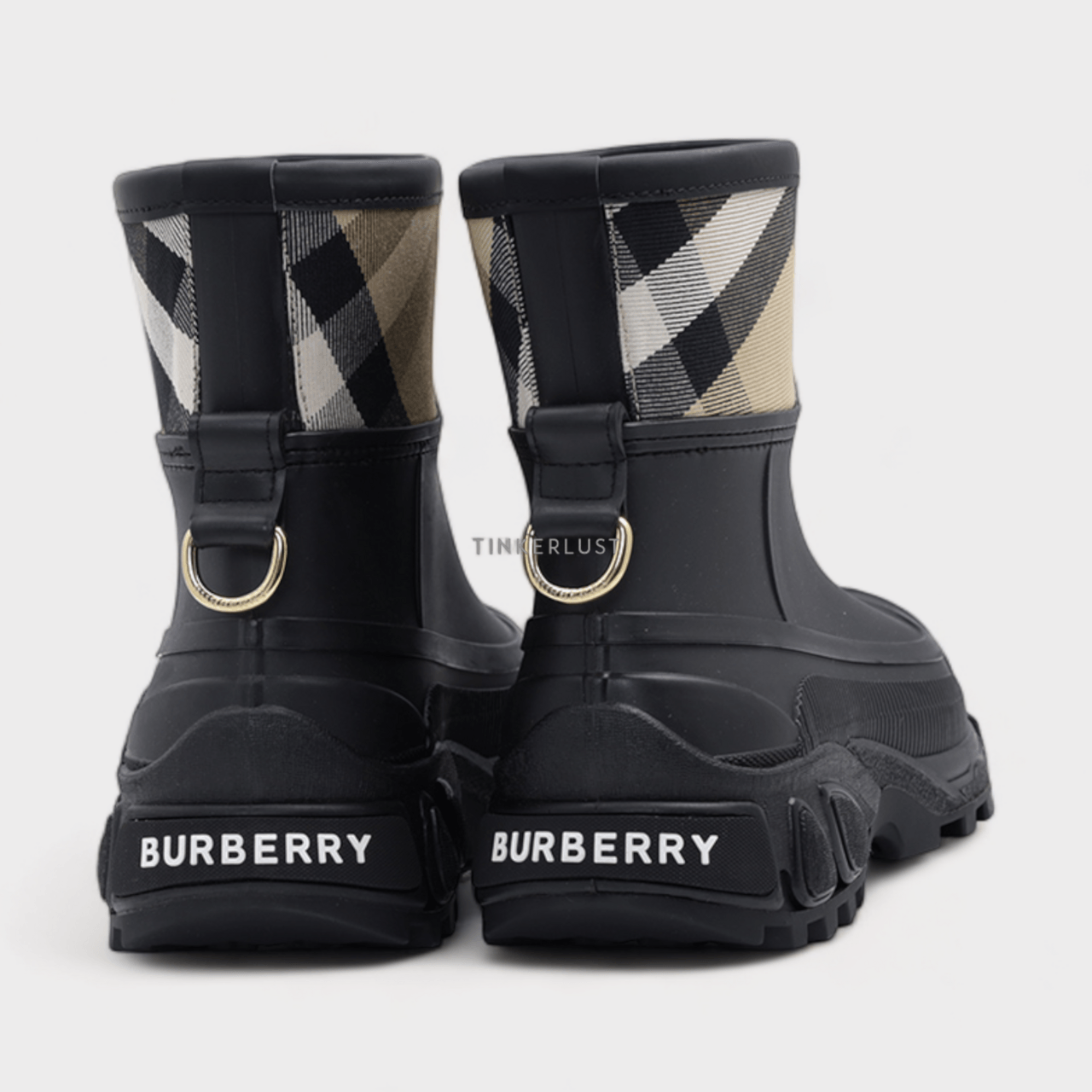BURBERRY Women House Check Panel Rain Boots in Black/Archive Beige