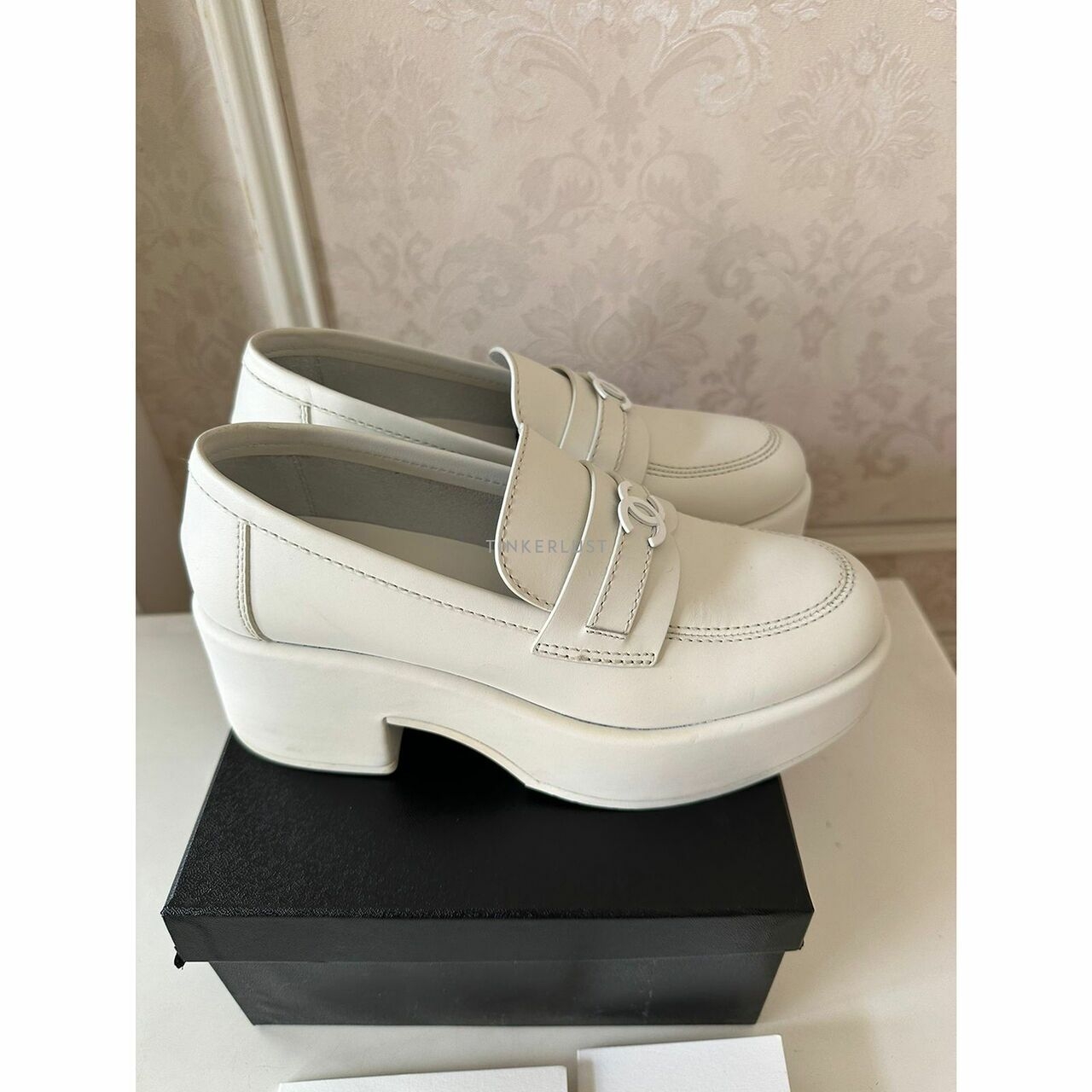 Chanel White Leather CC Platform Loafers Flats