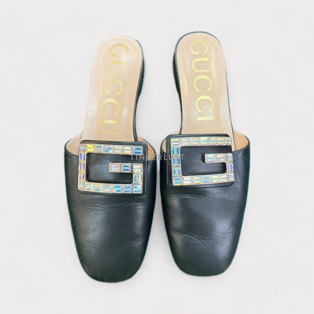 Gucci Crystal Black Leather Mules Sandals
