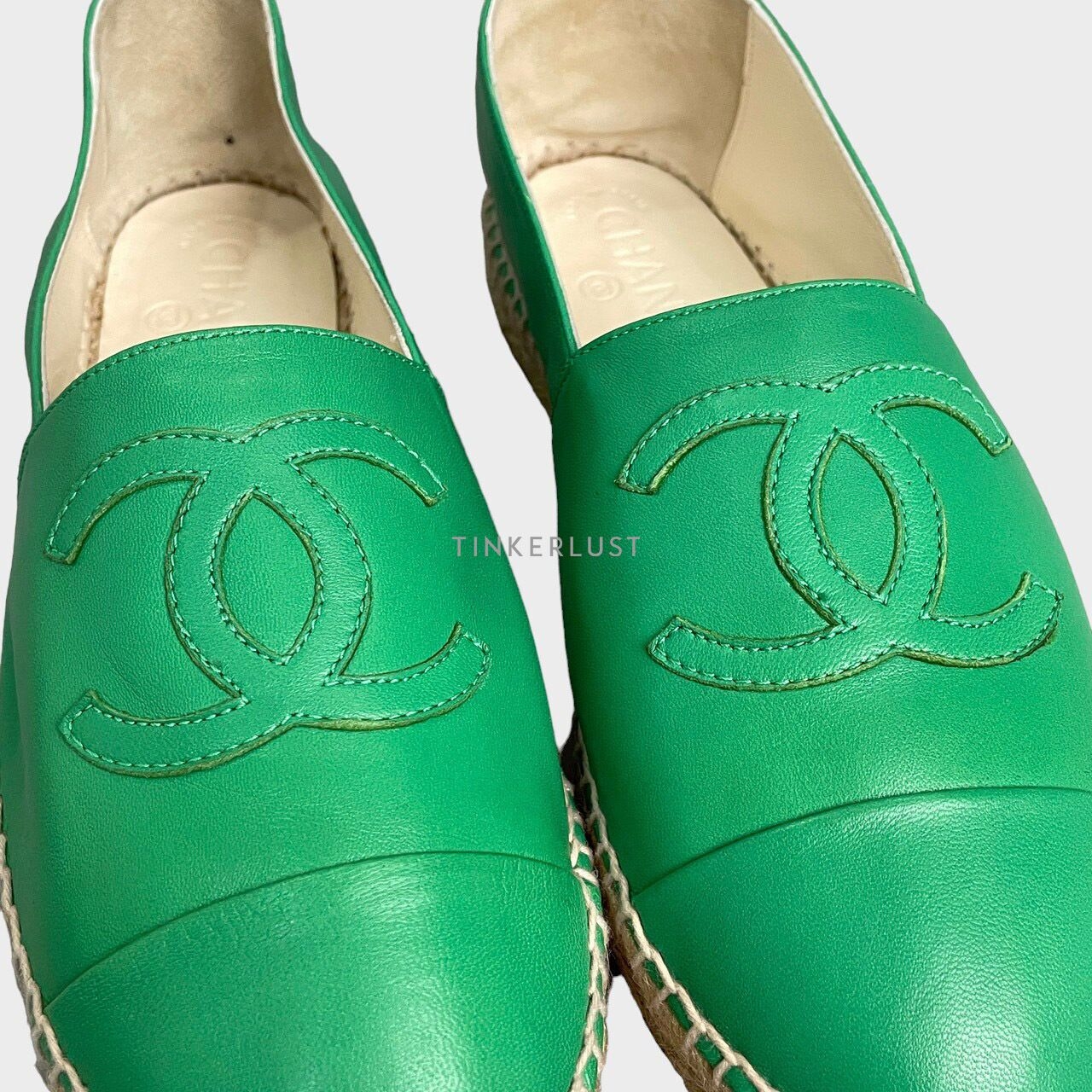 Chanel Green CC Leather Espadrilles Flats 