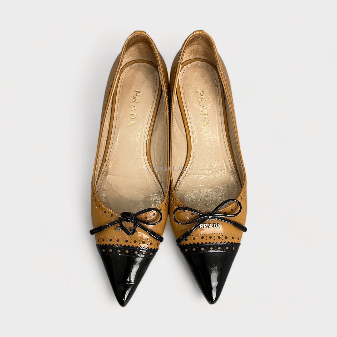 Prada Bow Pointed Toe Brown Patent Flats