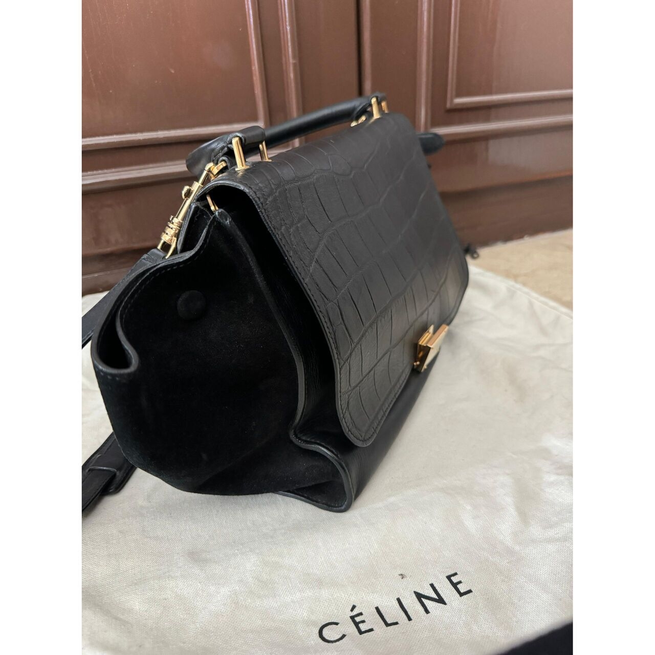 Celine  Trapeze Croco Embossed Medium Black Handbag