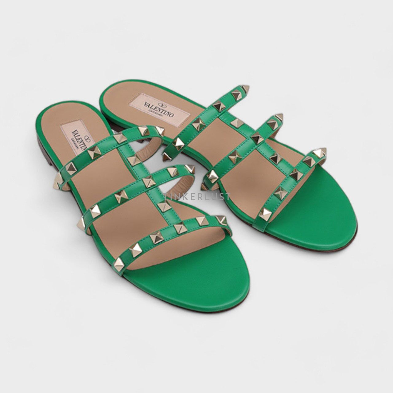 Valentino Garavani Rockstud Green Strappy Slides Sandals
