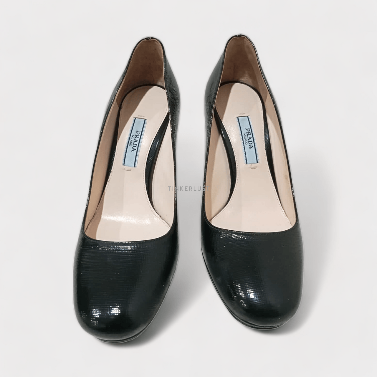 Prada Black Round-Toe Black Patent Saffiano Heels