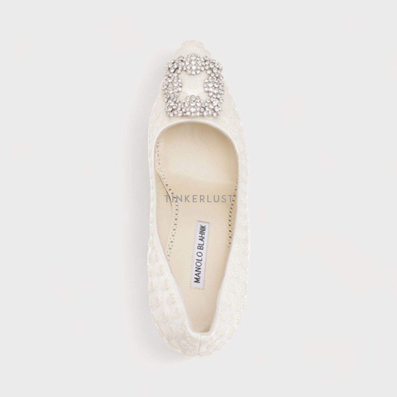 Manolo Blahnik Hangisi Embroidered Pumps 10.5cm in White Satin with White Crystal Heels	