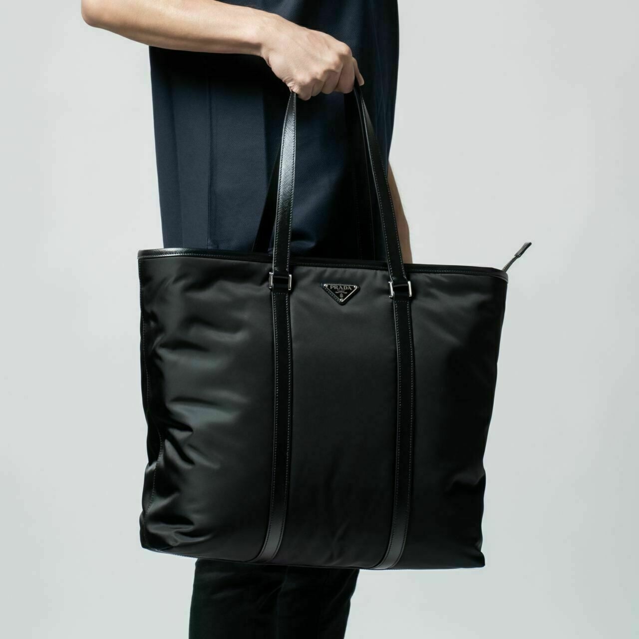 Prada Re-Nylon and Saffiano Leather Tote Bag Black Men