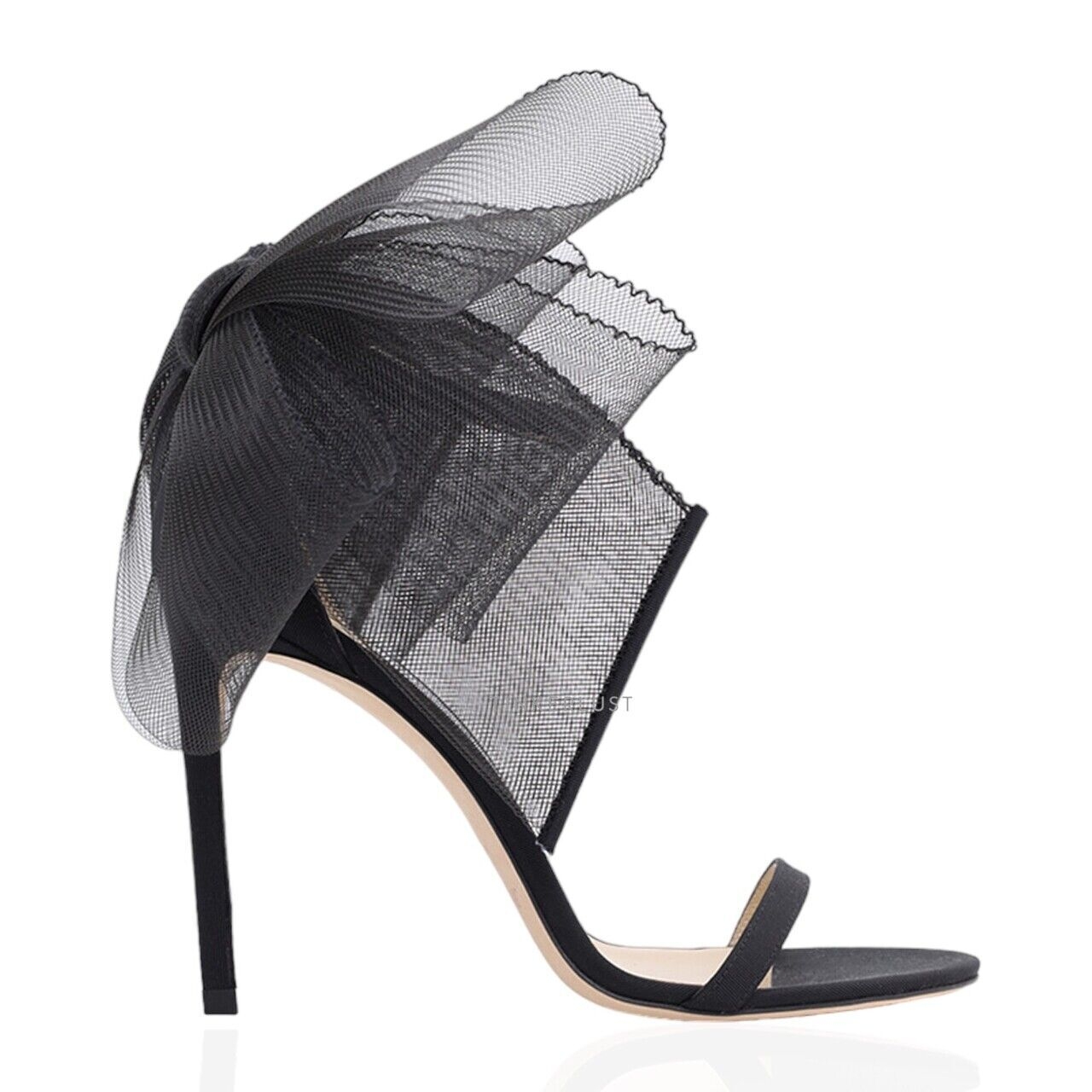 Jimmy Choo Aveline Ankle Strap Sandals 100mm in Black with Aysmmetric Mesh Fascinator Bows Heels