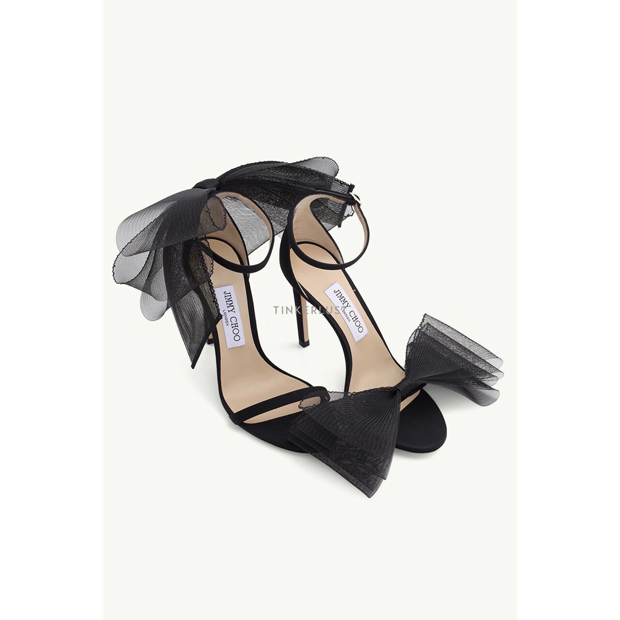 Jimmy Choo Aveline Ankle Strap Sandals 100mm in Black with Aysmmetric Mesh Fascinator Bows Heels