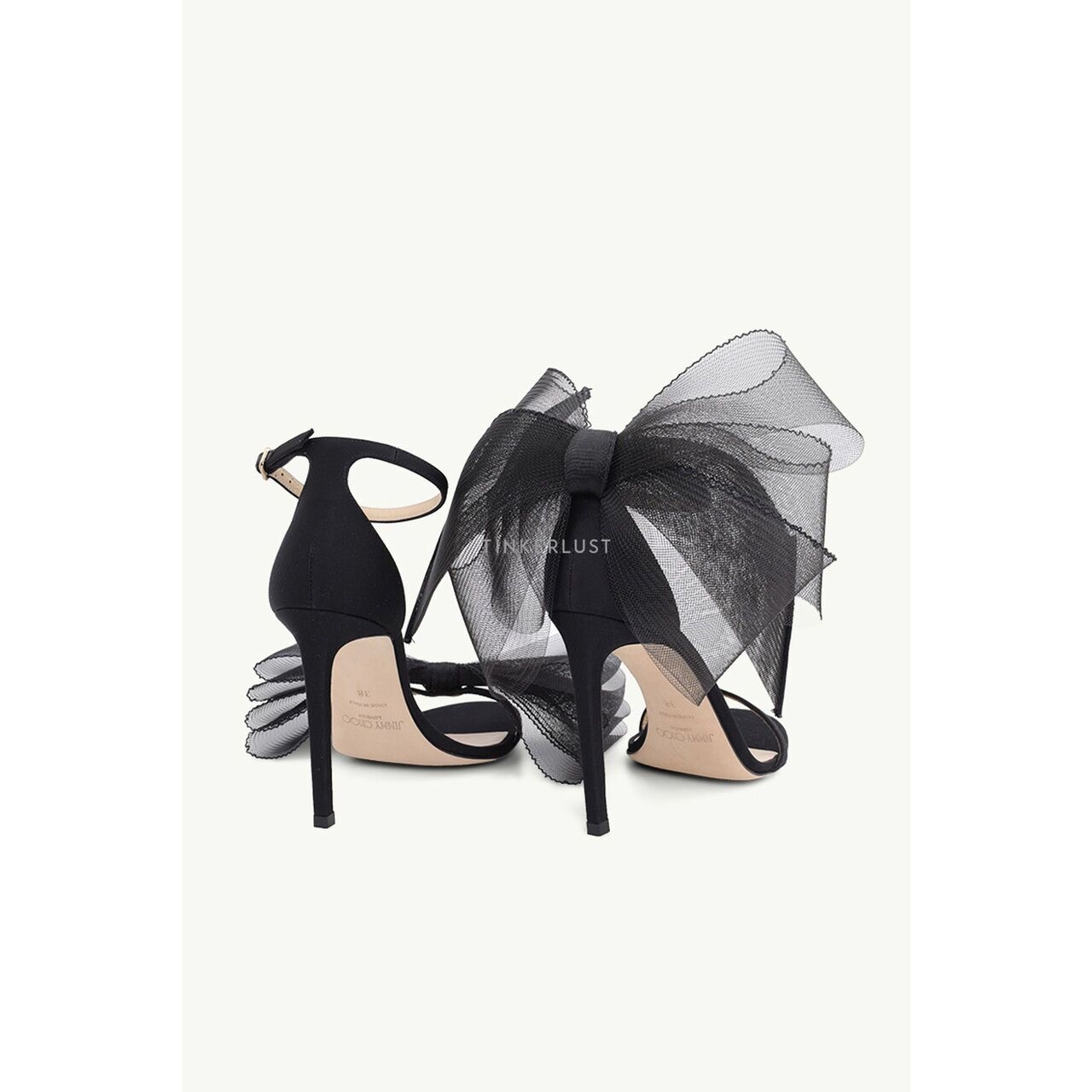 Jimmy Choo Aveline Ankle Strap Sandals 100mm in Black with Aysmmetric Mesh Fascinator Bows Heels