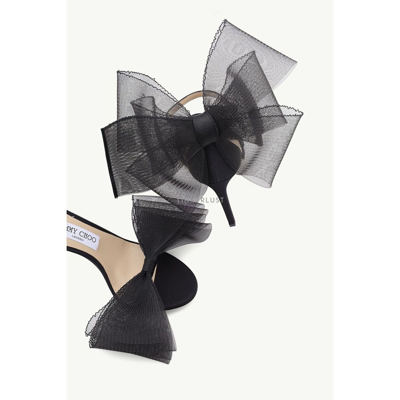 Jimmy Choo Aveline Ankle Strap Sandals 100mm in Black with Aysmmetric Mesh Fascinator Bows Heels