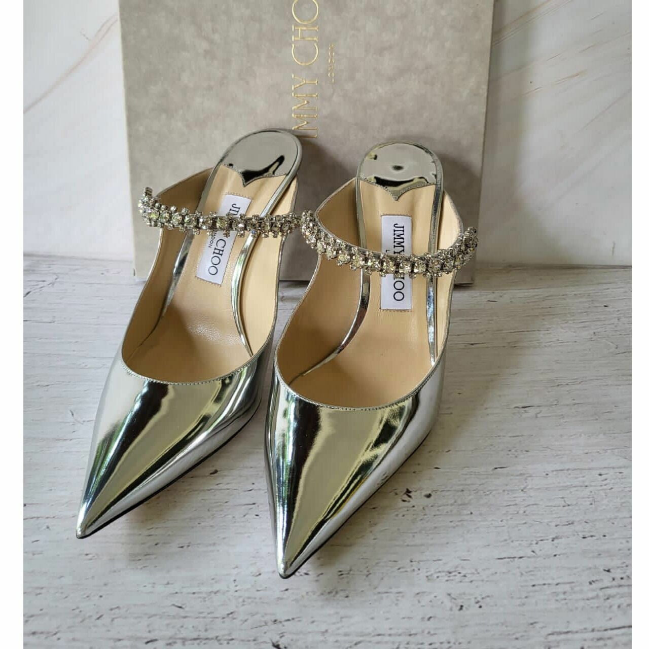 Jimmy Choo Patent Silver with Crystal Strap Heels