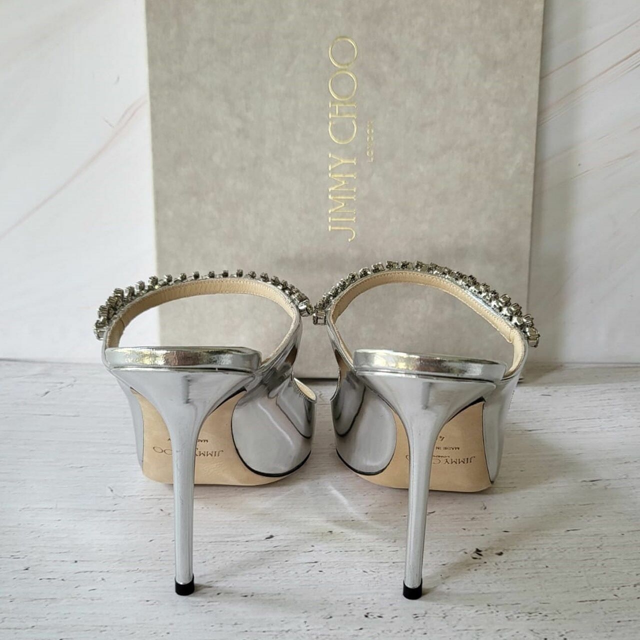 Jimmy Choo Patent Silver with Crystal Strap Heels