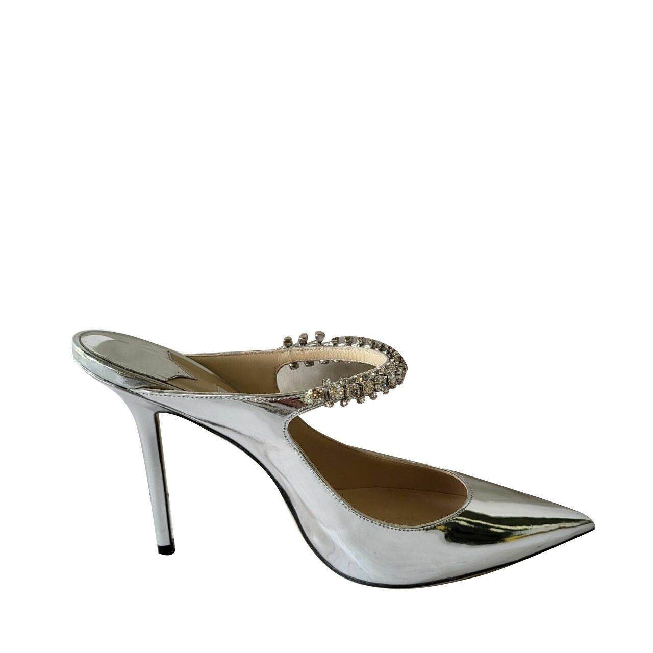 Jimmy Choo Patent Silver with Crystal Strap Heels