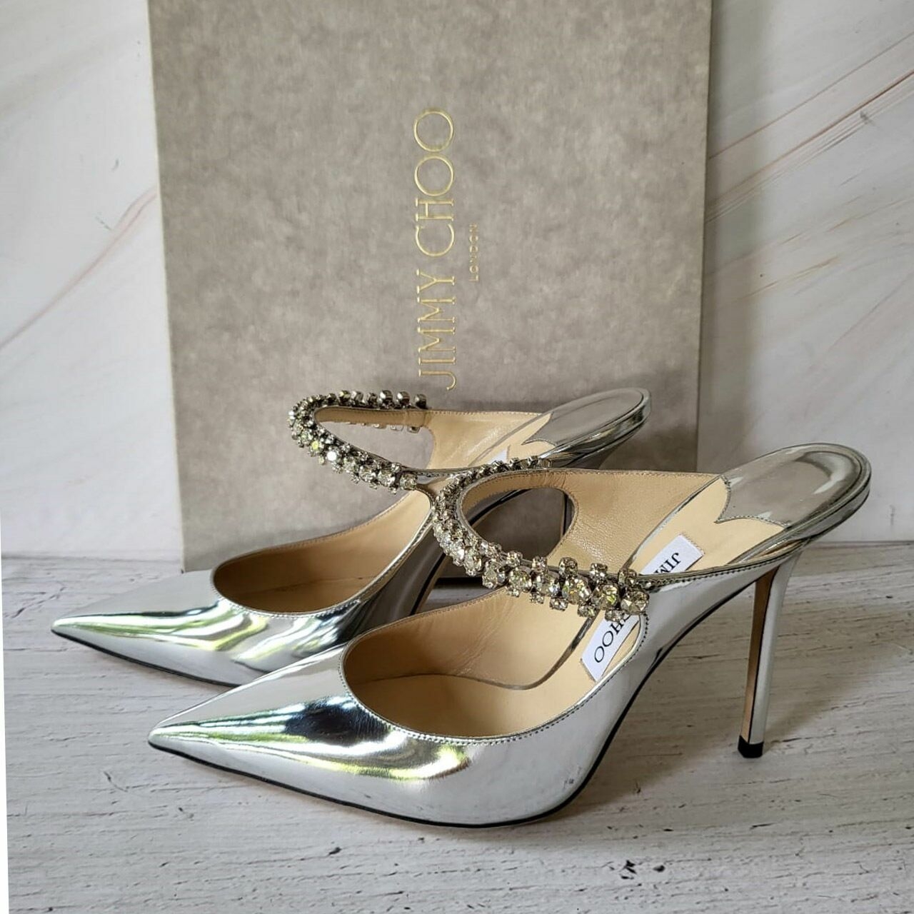 Jimmy Choo Patent Silver with Crystal Strap Heels