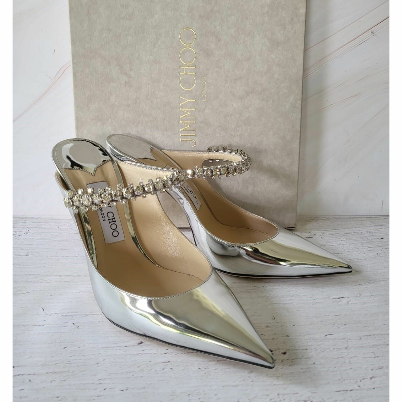 Jimmy Choo Patent Silver with Crystal Strap Heels