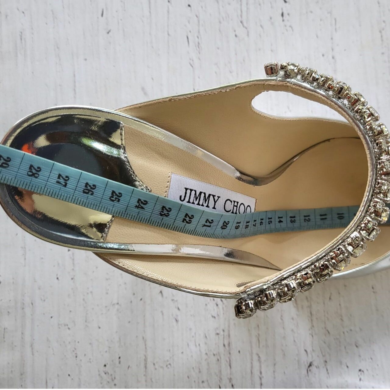 Jimmy Choo Patent Silver with Crystal Strap Heels