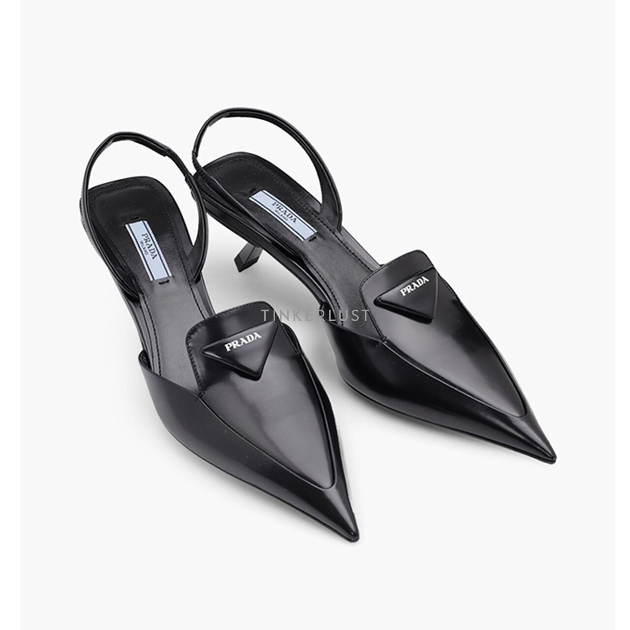 Prada Triangle Logo Classic Slingback Pumps 55mm in Black Brushed Leather Heels