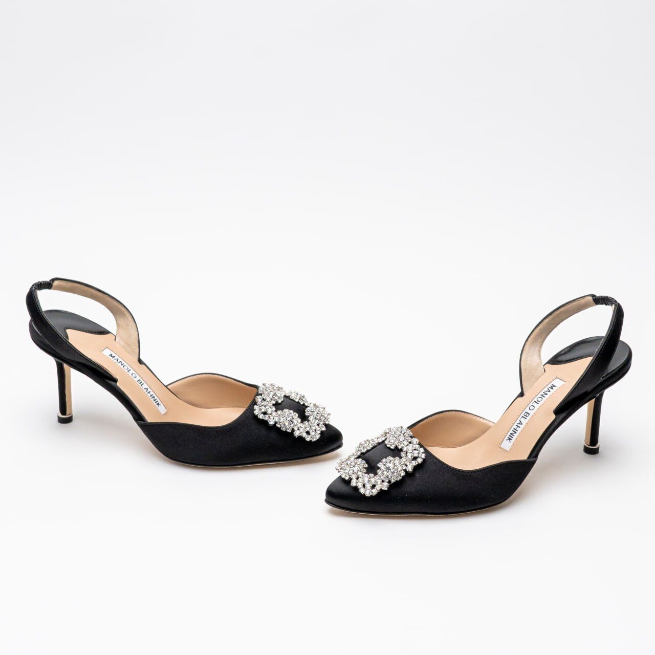 Manolo Blahnik Hangisli 70 Satin Slingback Heels with CLC Crystal Buckle Black