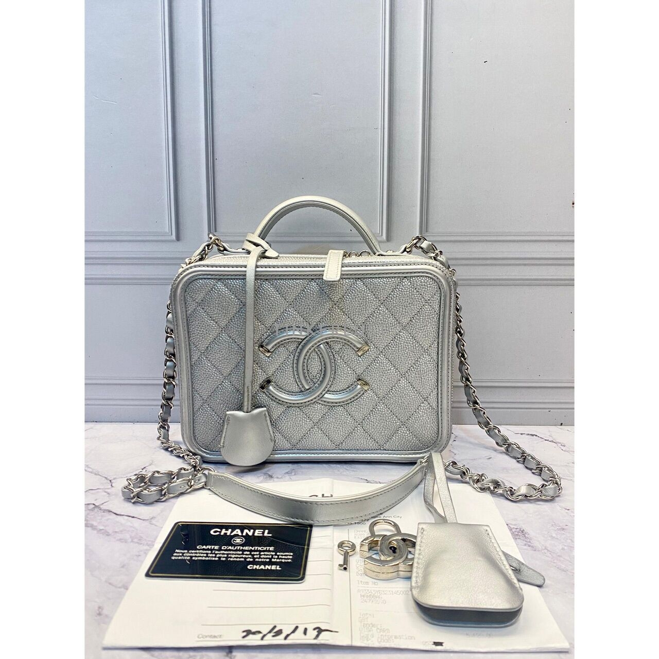 Chanel Vanity Medium Silver Caviar Top Handle SHW #24 Sling Bag