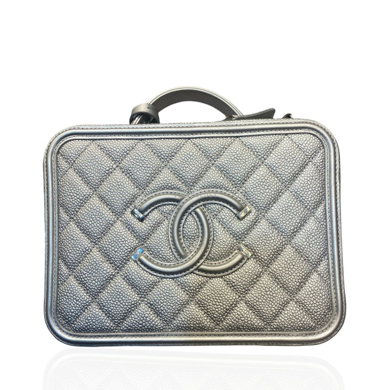 Chanel Vanity Medium Silver Caviar Top Handle SHW #24 Sling Bag