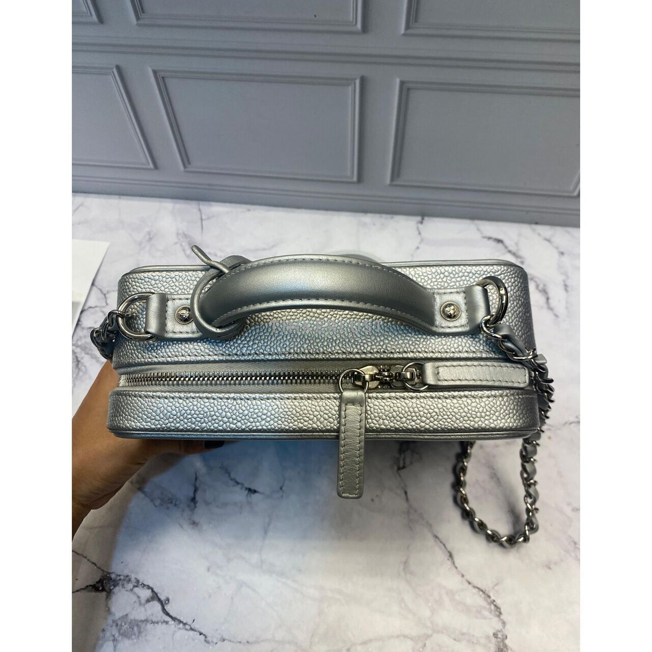 Chanel Vanity Medium Silver Caviar Top Handle SHW #24 Sling Bag