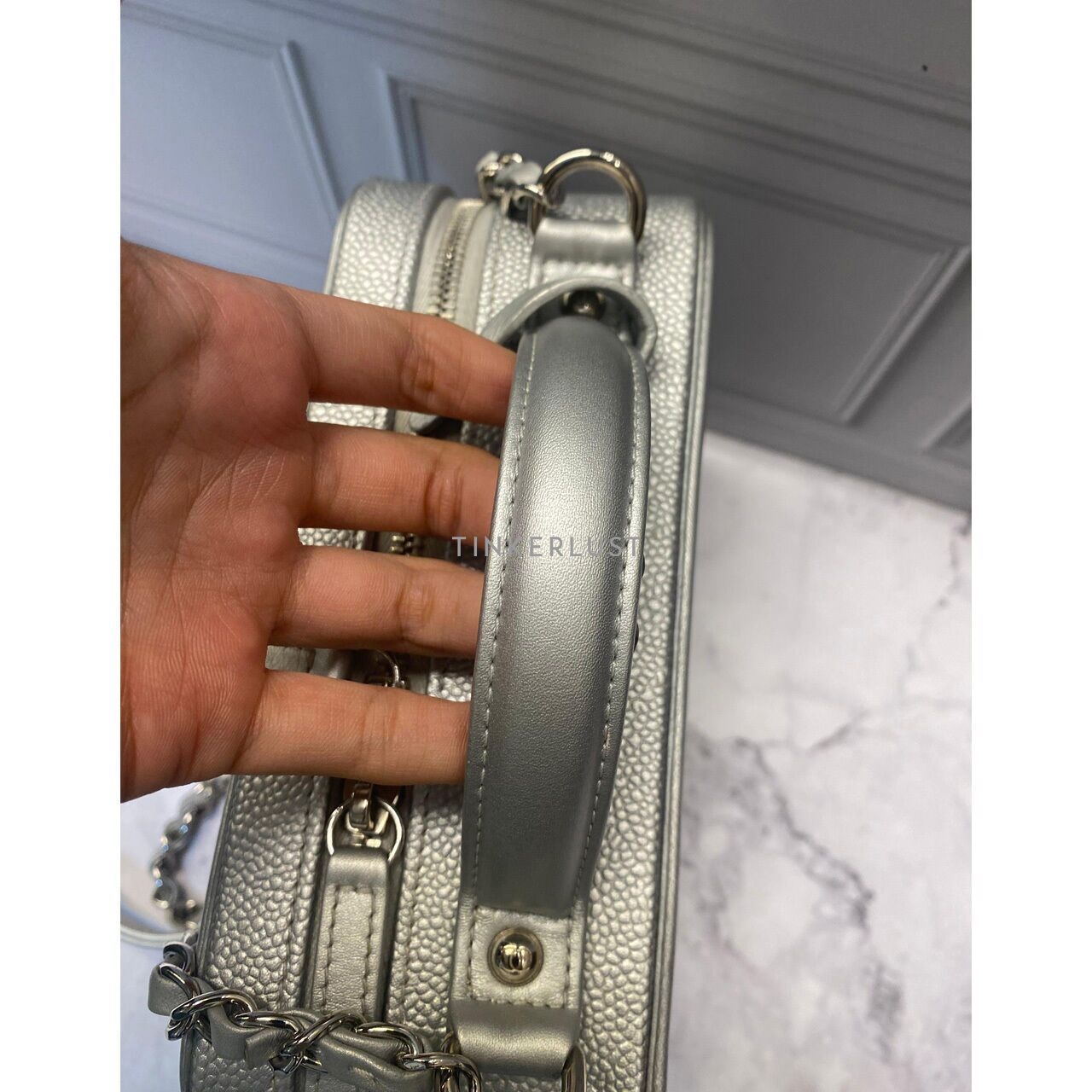 Chanel Vanity Medium Silver Caviar Top Handle SHW #24 Sling Bag