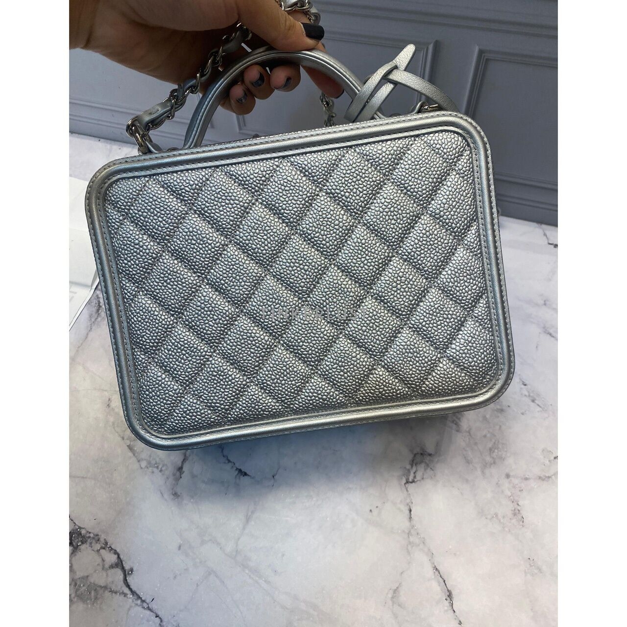 Chanel Vanity Medium Silver Caviar Top Handle SHW #24 Sling Bag