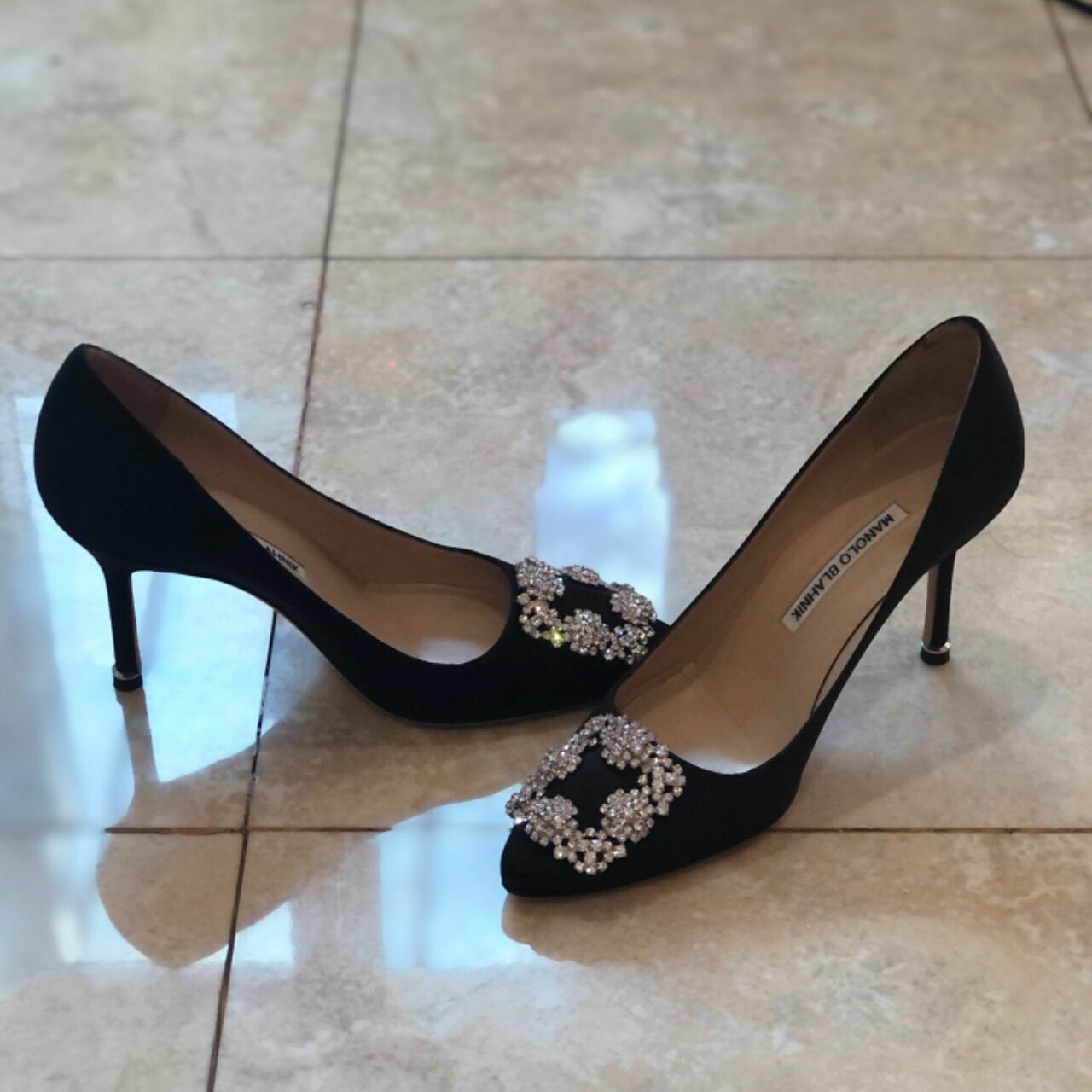 Manolo Blahnik Hangisi Size 36 Black 9 Cm White Crystal