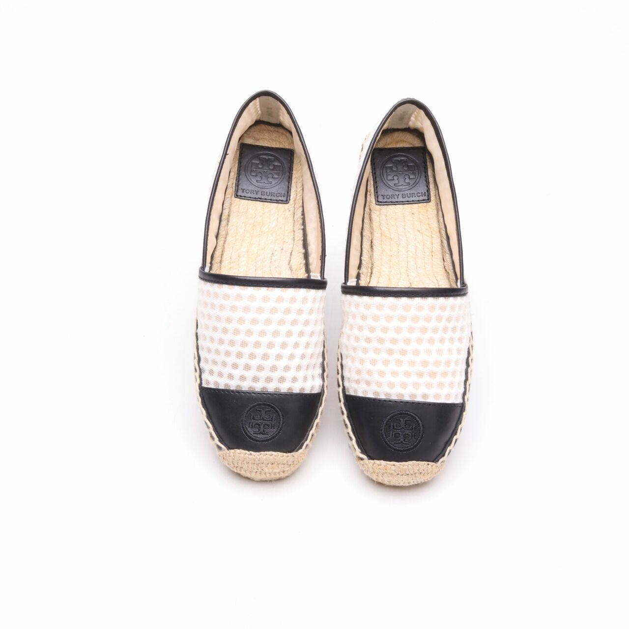 Tory Burch White & Black Grenada A-line Espadrilles Mesh/Veg Leather Flats