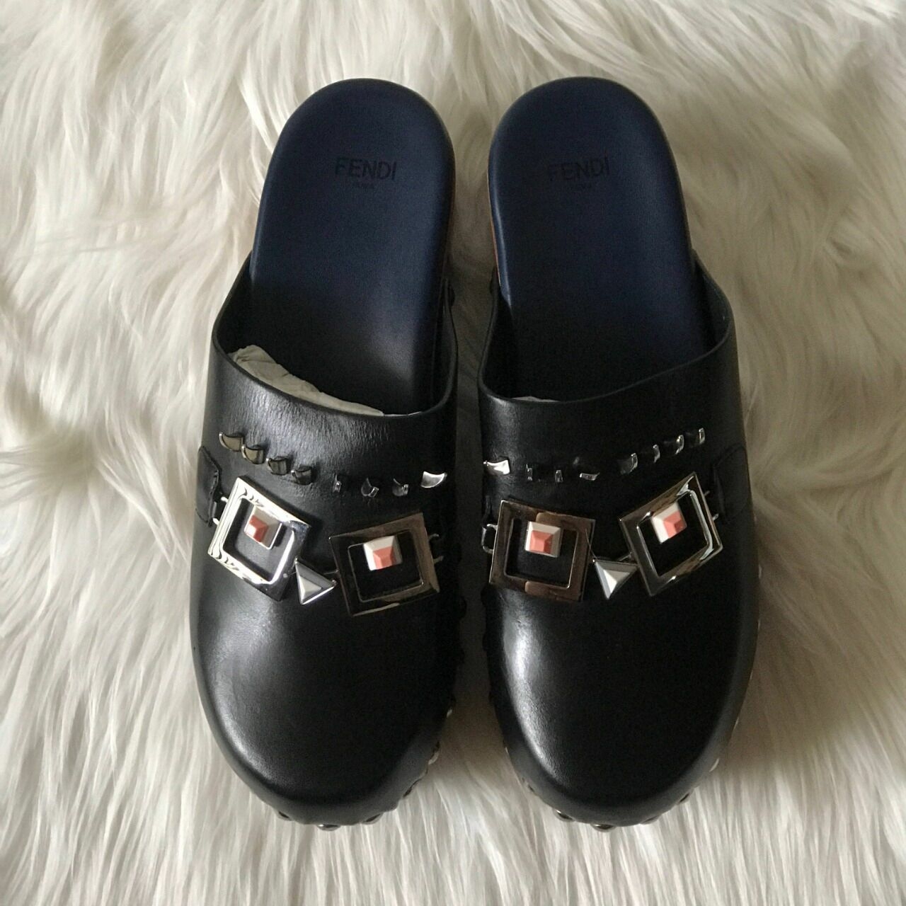 Fendi Black Leather Studded Accents Mules