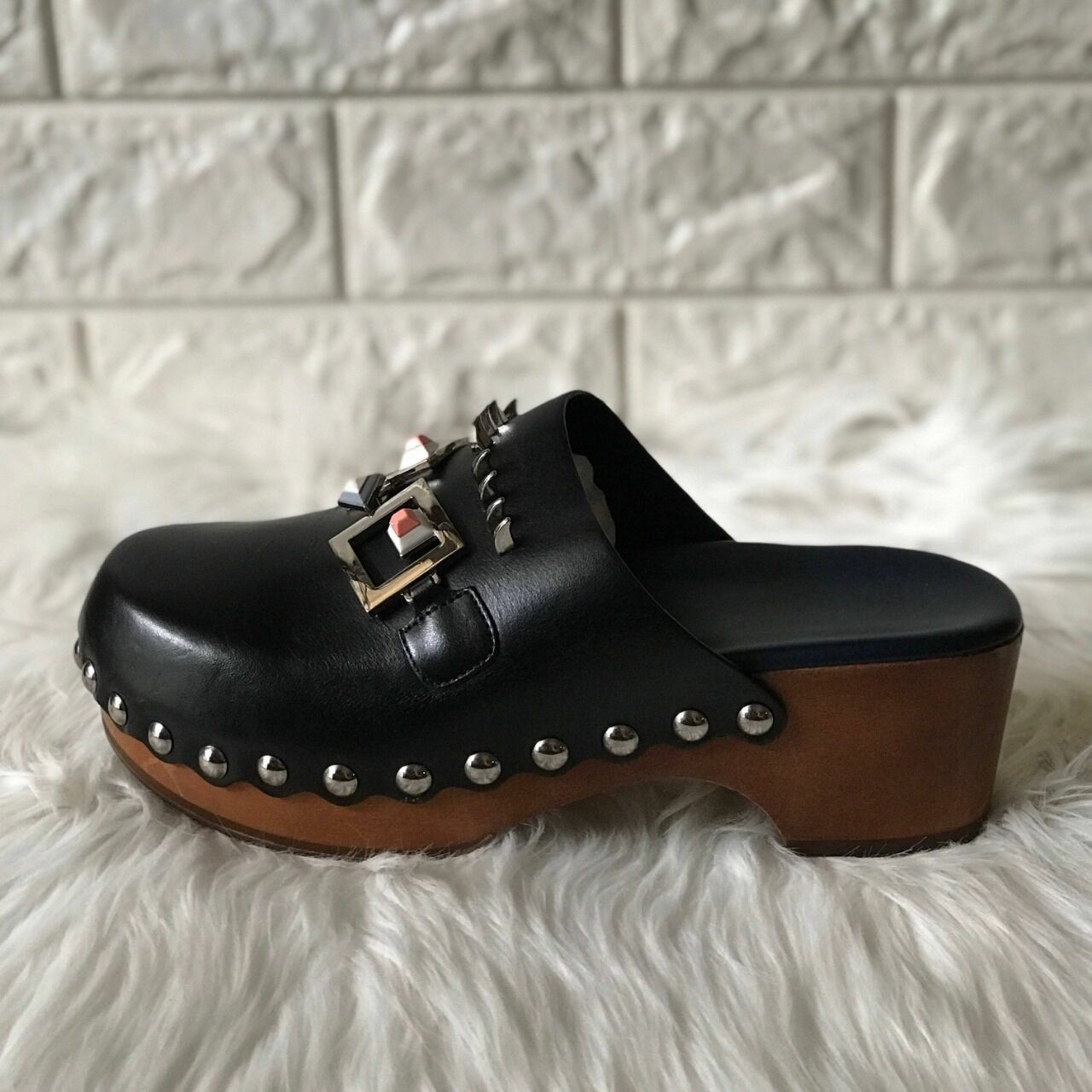 Fendi Black Leather Studded Accents Mules