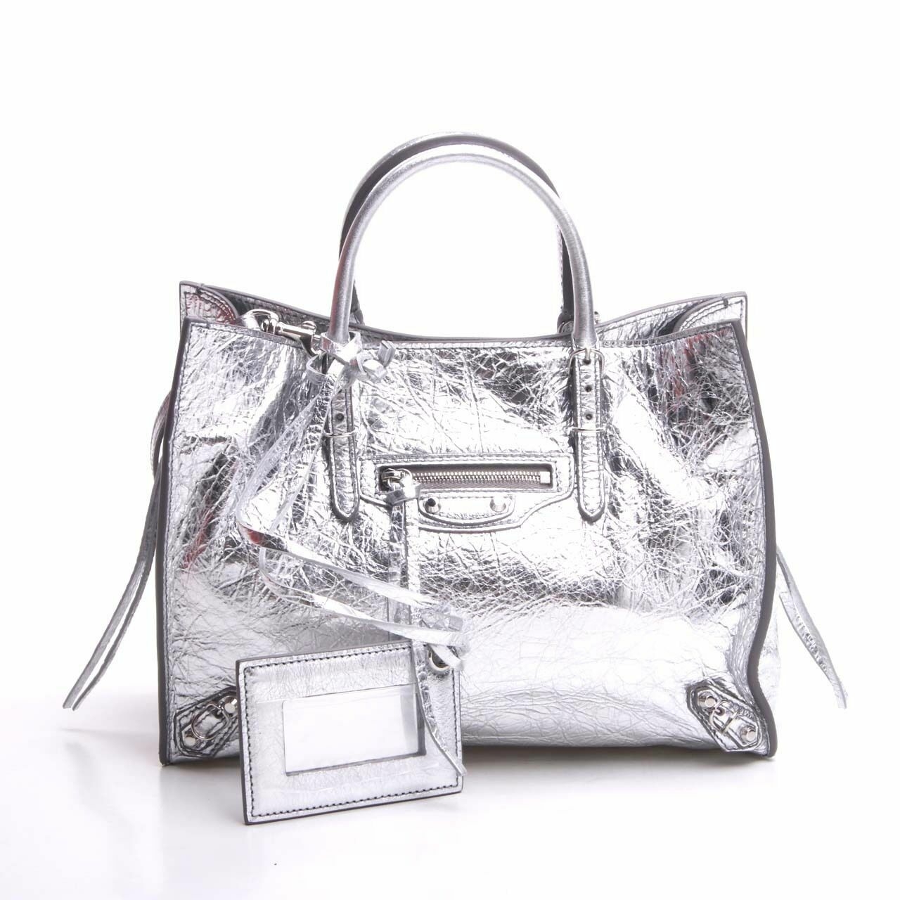 Balenciaga Metallic Calfskin Papier A6 Zip Around Tote Silver