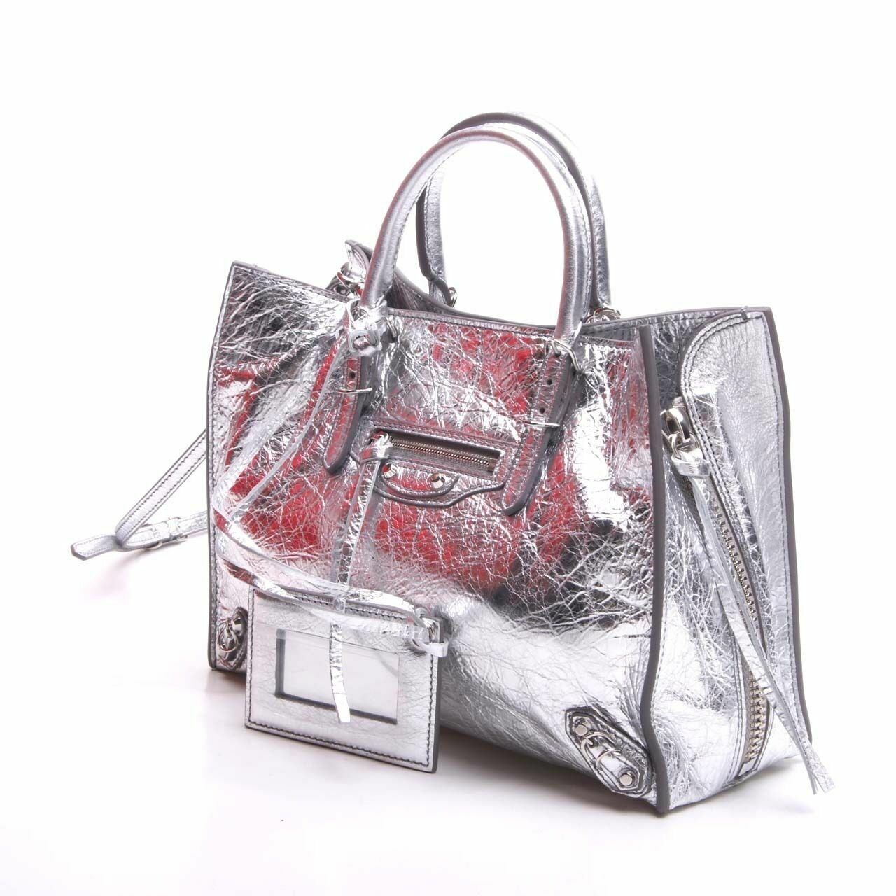 Balenciaga Metallic Calfskin Papier A6 Zip Around Tote Silver