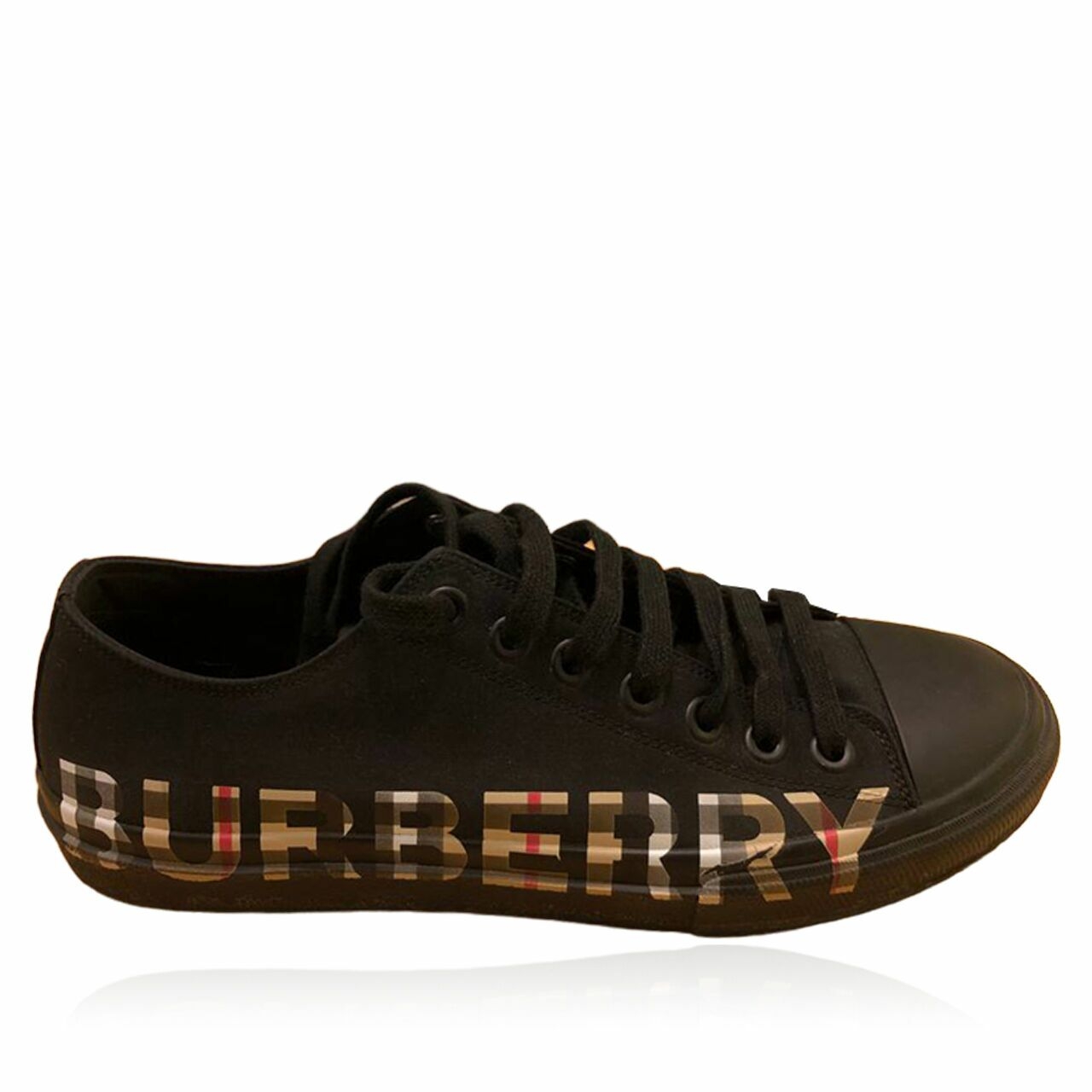 Burberry Vintage Check Logo Print Cotton Gabardine Sneakers in Black Archive Beige 