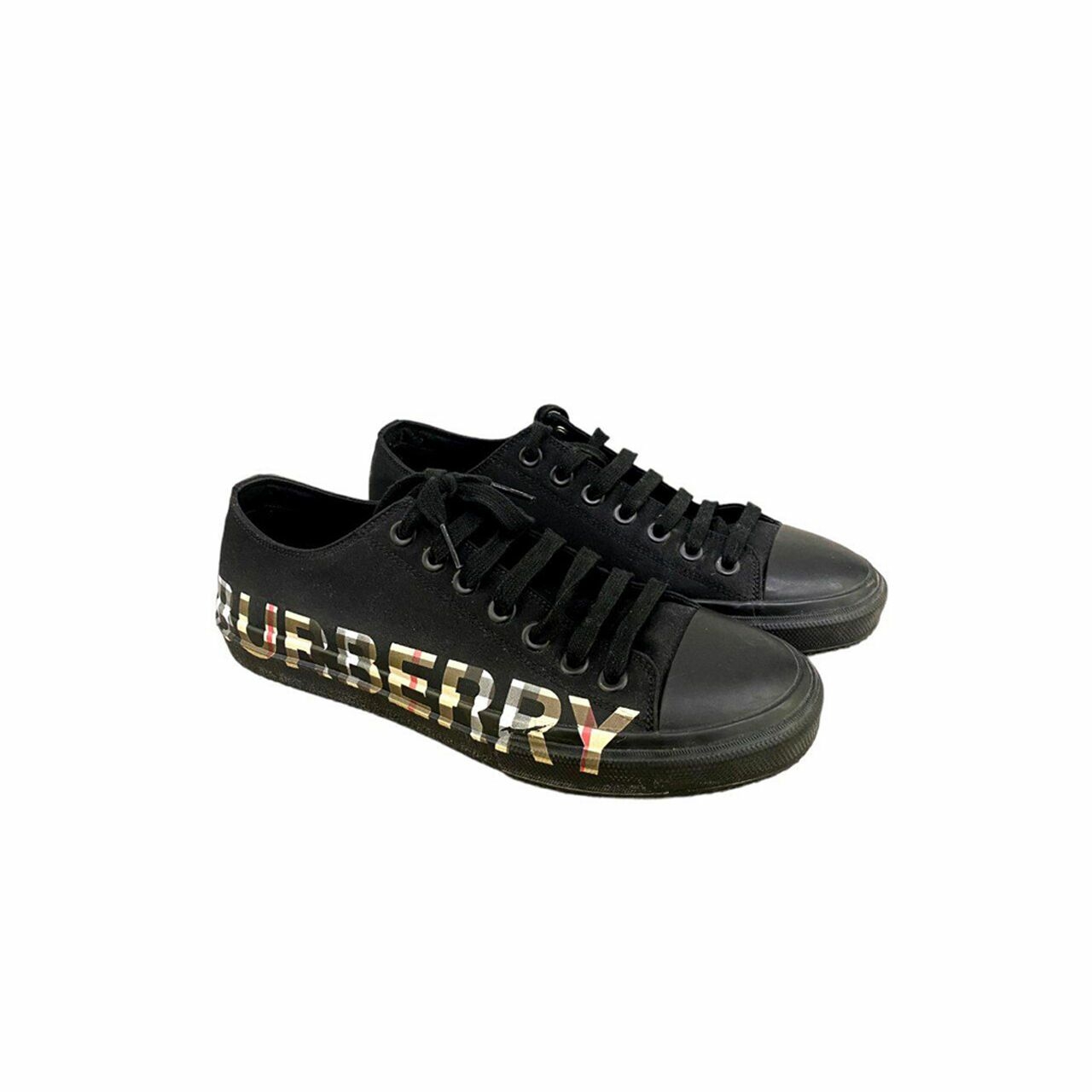 Burberry Vintage Check Logo Print Cotton Gabardine Sneakers in Black Archive Beige 