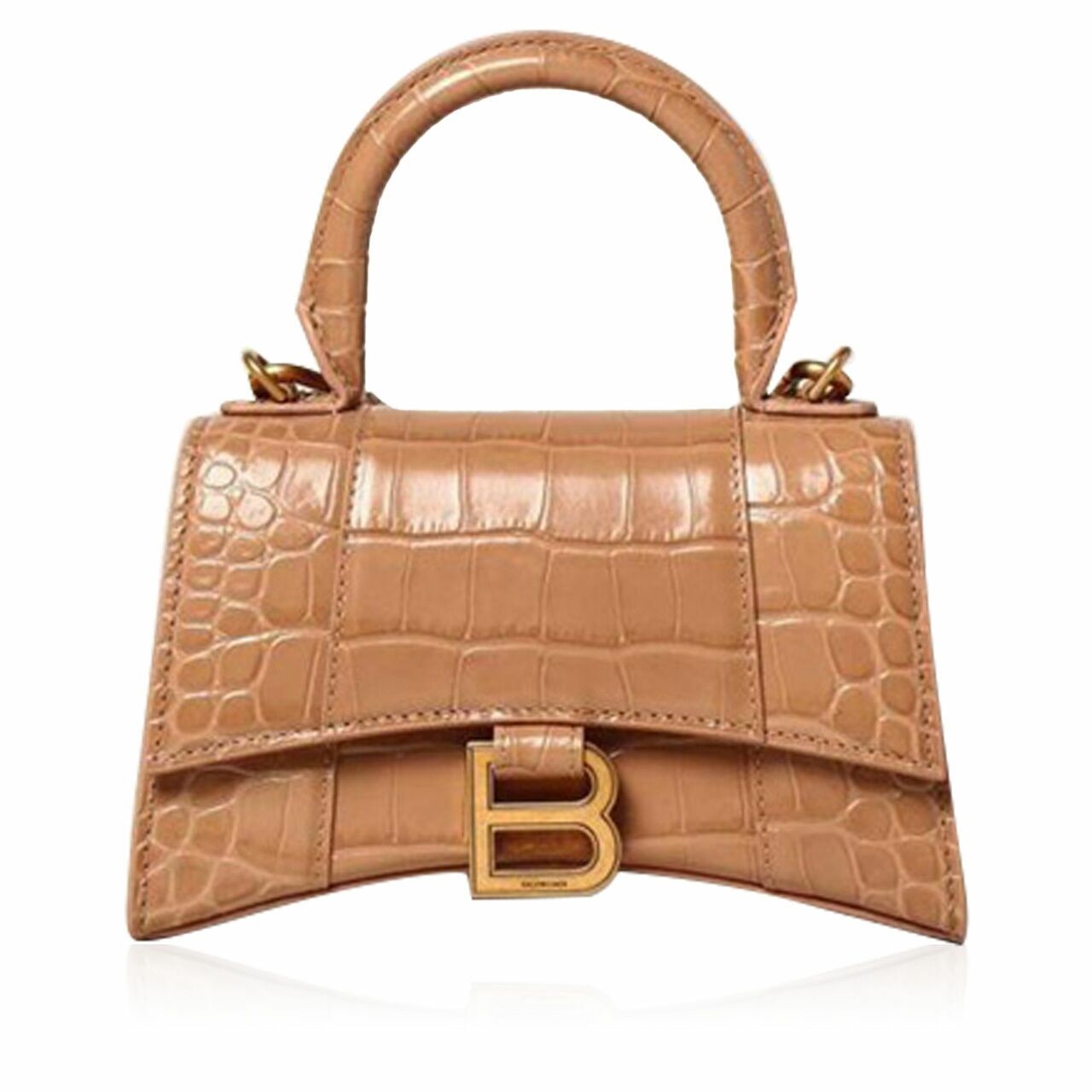 Balenciaga Hourglass Top Handle XS Shinny Embossed Croco Calf Bag In Nude/Beige Sling Bag