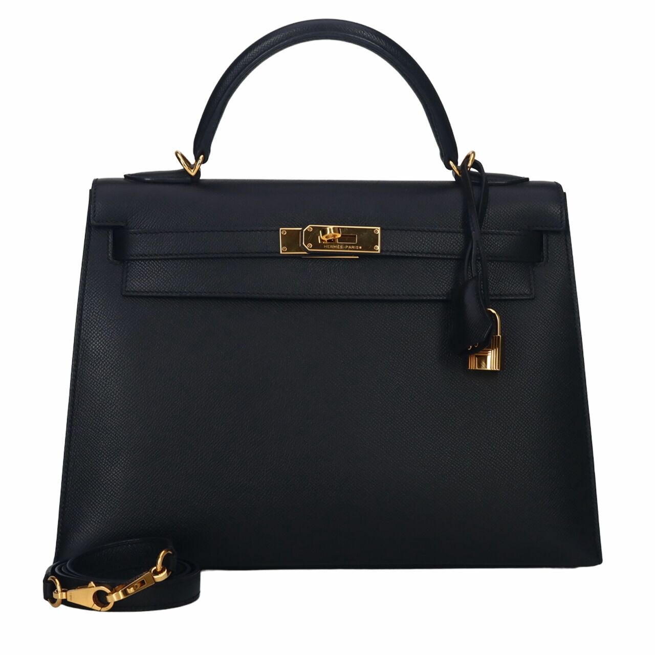 Hermes Kelly 32 Black Epsom #N GHW Satchel