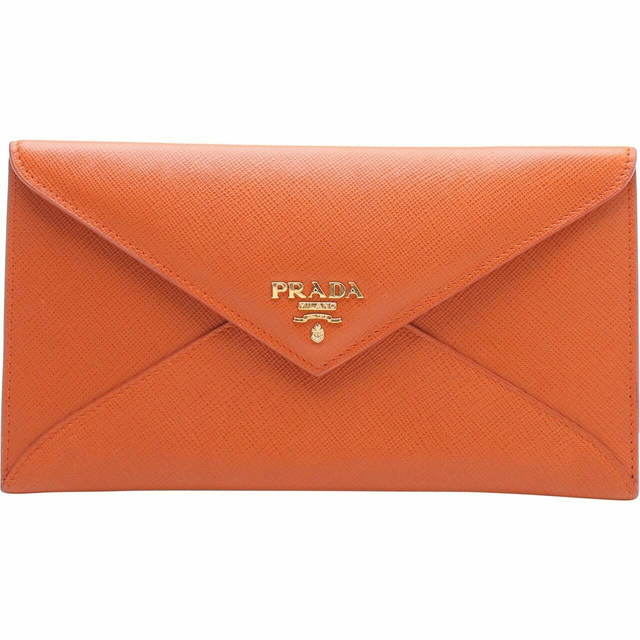 Prada Orange Saffiano Metal Papaya Envelope Wallet 