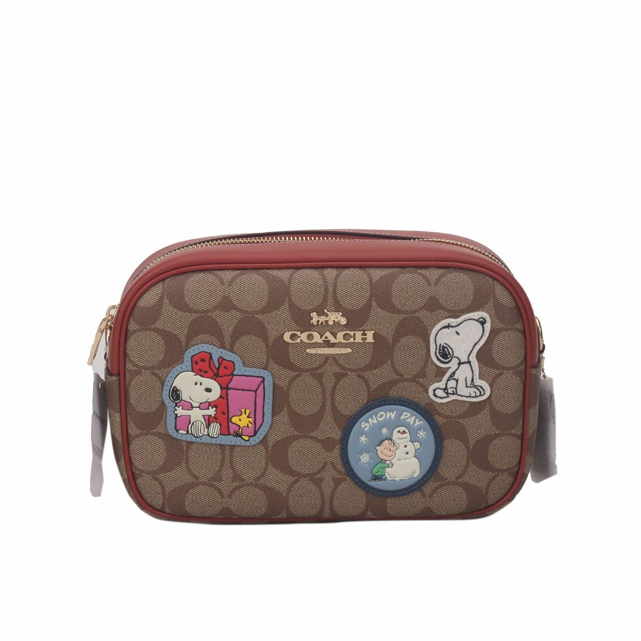 Coach X Peanuts CF304 Jamie Camera Bag Signature Canvas With Patches Redwood Multi Sling Bag