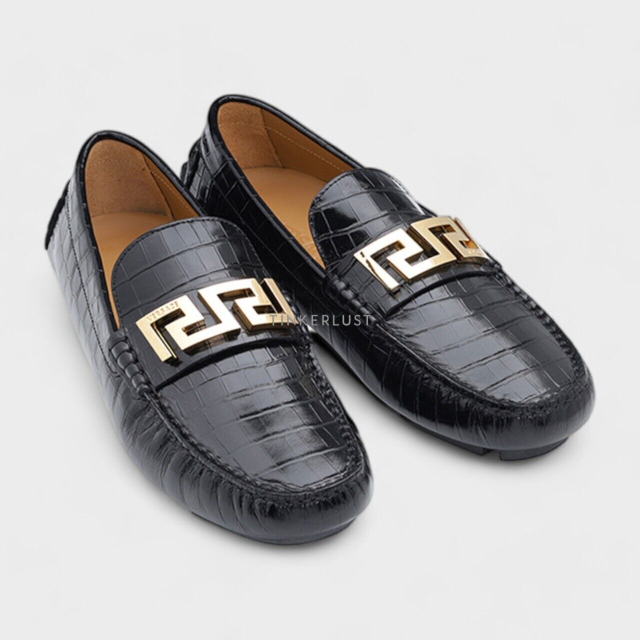 Versace La Greca Black Croco-Embossed GHW Driver Loafers