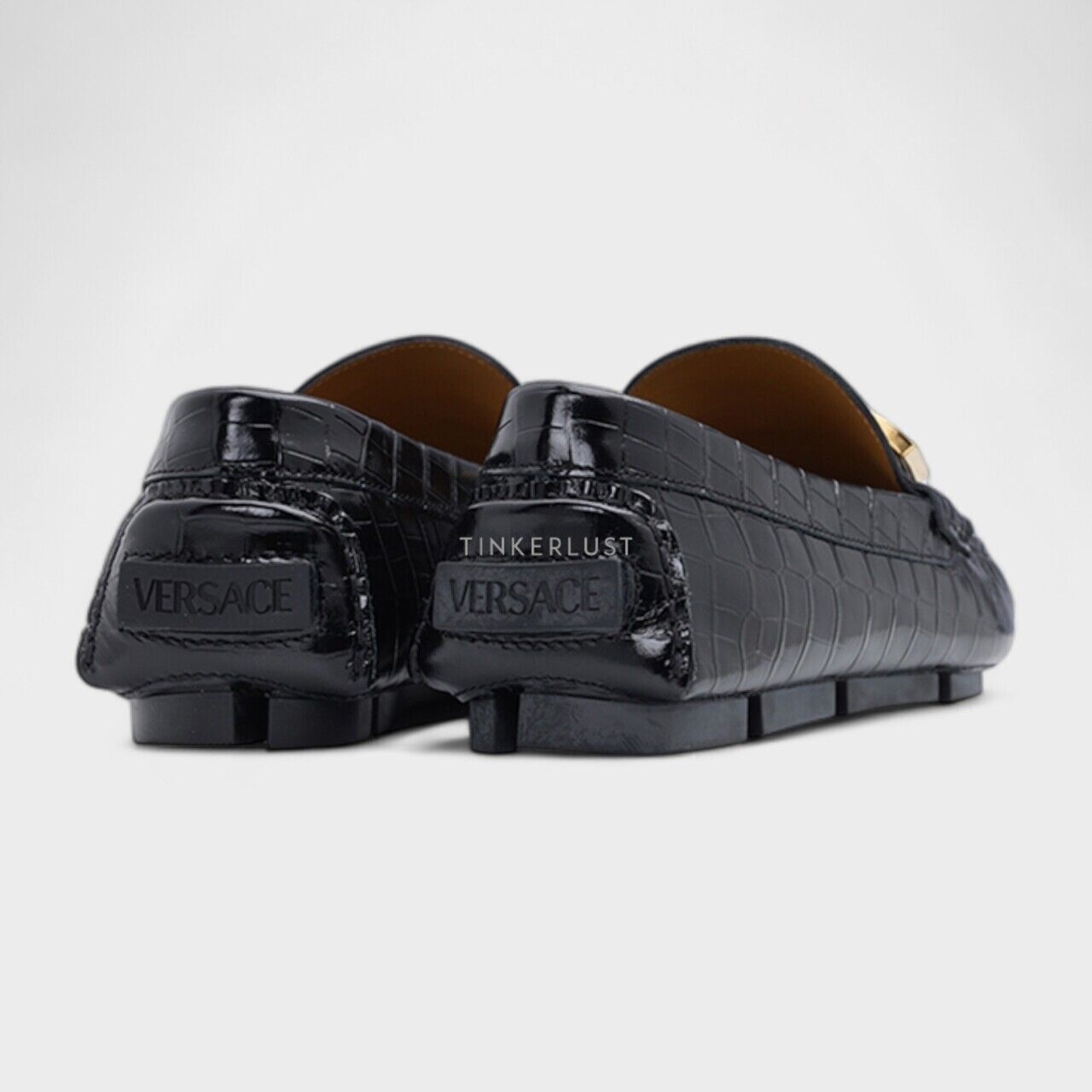 Versace La Greca Black Croco-Embossed GHW Driver Loafers