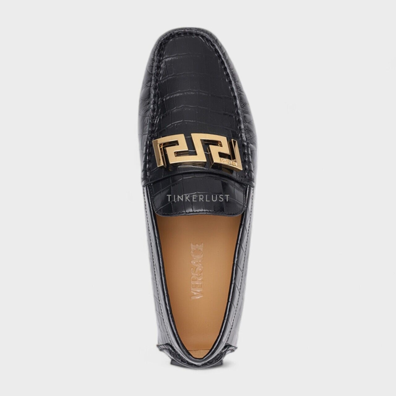 Versace La Greca Black Croco-Embossed GHW Driver Loafers