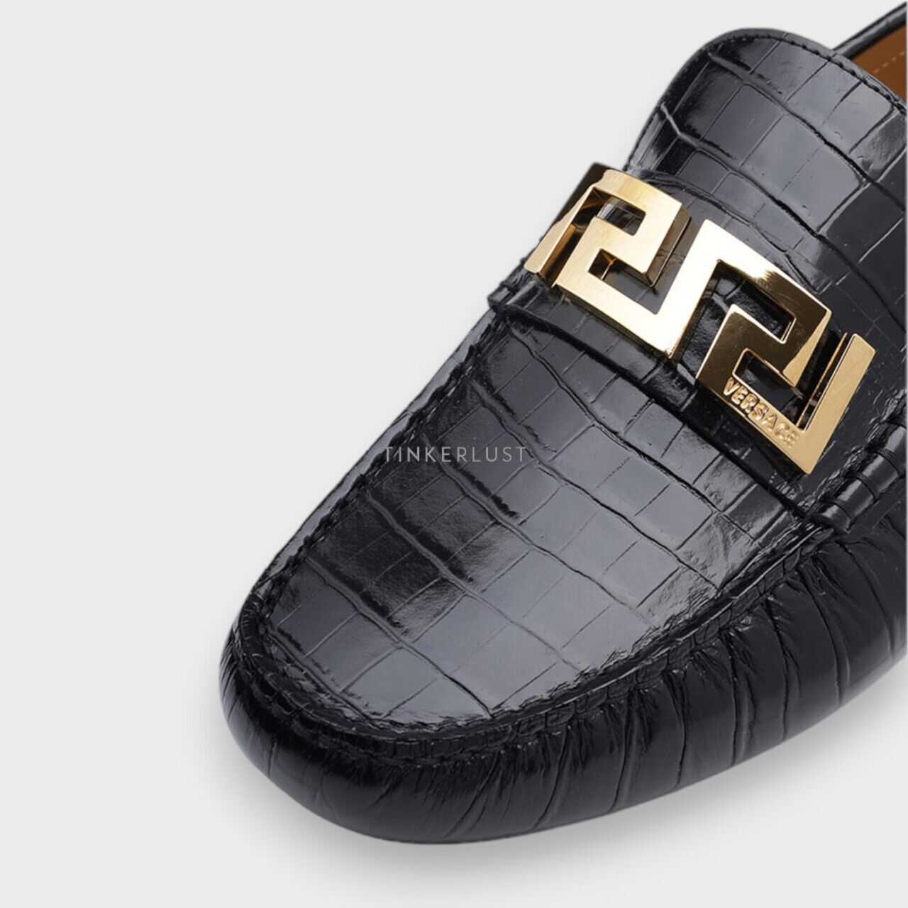 Versace La Greca Black Croco-Embossed GHW Driver Loafers