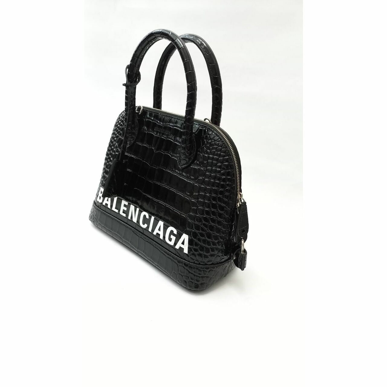 Balenciaga Ville Top Handle Leather with Longstrap Croco Black Shiny S Satchel