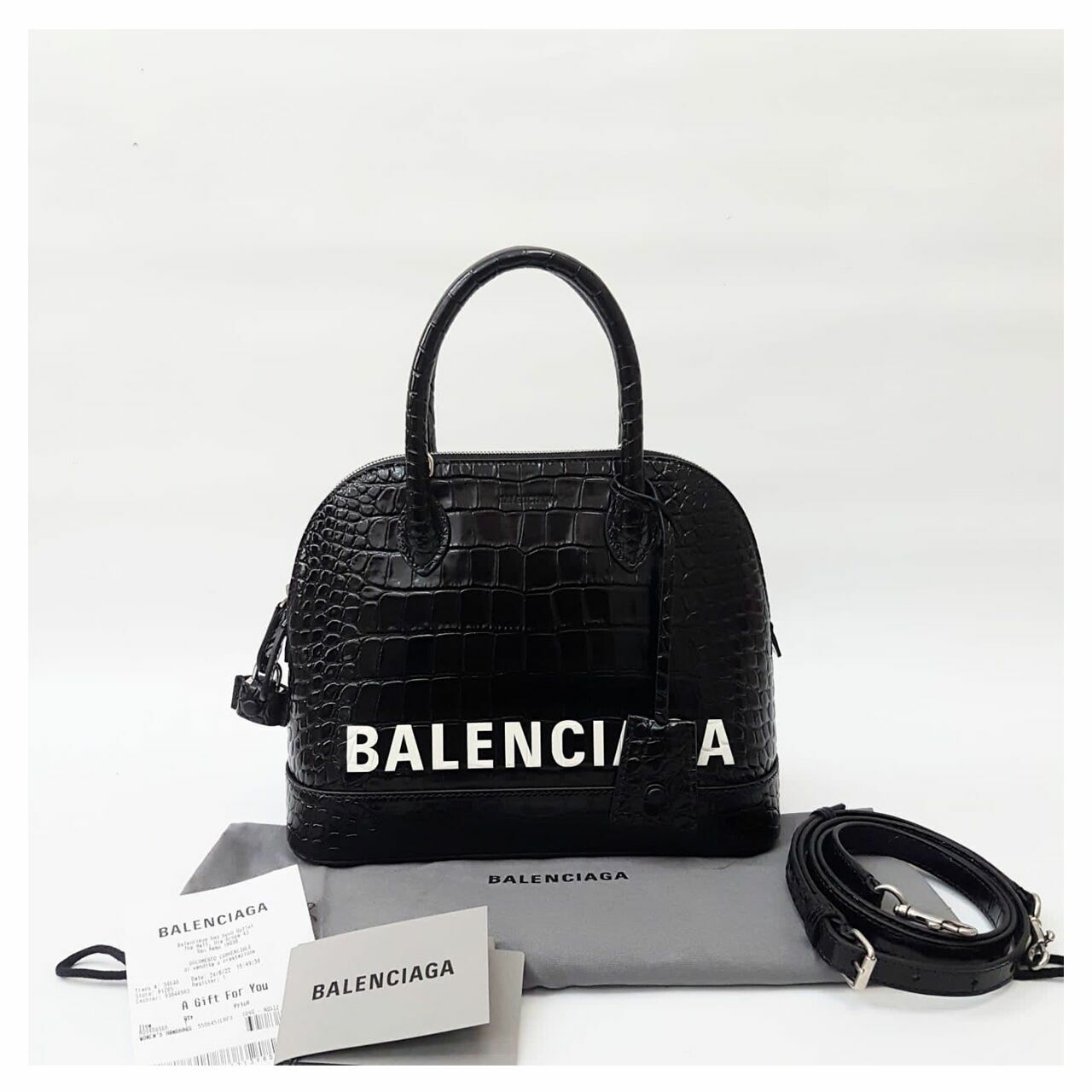 Balenciaga Ville Top Handle Leather with Longstrap Croco Black Shiny S Satchel