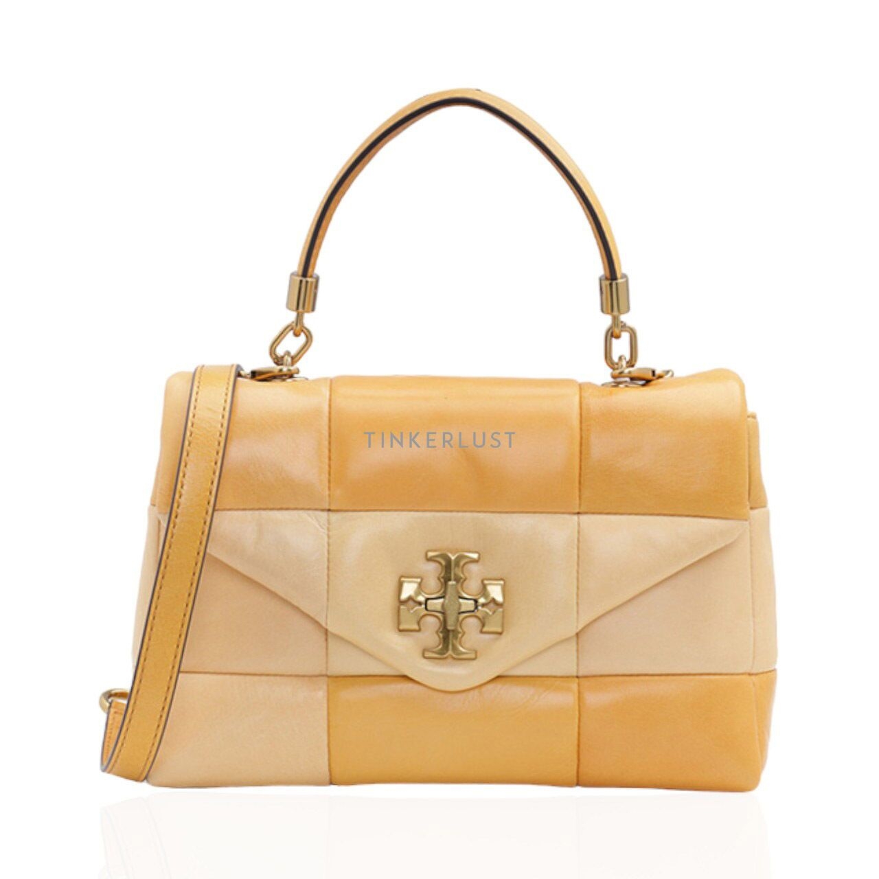 Tory Burch Small Kira Patchwork Top Handle Satchel Bag in Golden Straw Mix